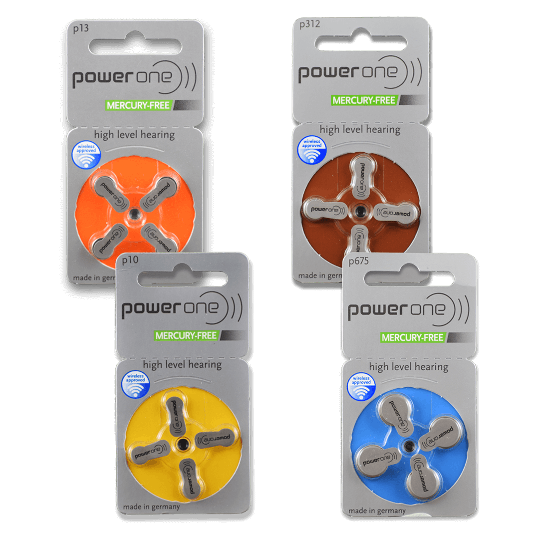 PowerOne Zinc Air Hearing Aid Batteries ranging in variety including p10 (Yellow), p13 (Orange), p675 (Blue), p312 (Brown)